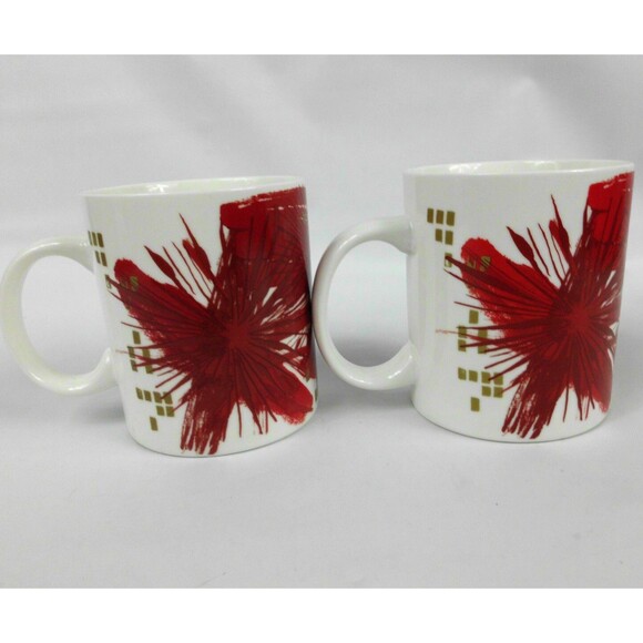 Starbucks Christmas Coffee Mug 2014 Red Poinsettia Starburst Holiday Set of 2 - Picture 1 of 4